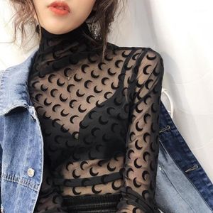 T-shirt das mulheres primavera queda Sexy malha ver através da lua camiseta feminina mulheres manga comprida gelete de turtleneck