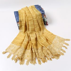 Bestickter Schal aus gefärbter Baumwolle mit Blumenmuster, Schal mit Quasten für muslimische Frauen, Hijab mit karierten Blättern