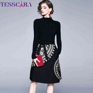 Tesscaraの女性秋冬エレガントなセーターのドレス女性のオフィスパーティーローブ高品質の高級刺繍デザイナーVestidos G1214