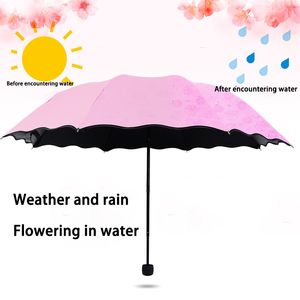 Hot Ladies UV Protective Portable Mini Paraplyer Vindskydd 3-faldig Blossoms In Water Changes Färg Anti-UV Sun / Regn Paraply