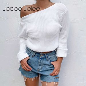 Jocoo Jolee Maglione lavorato a maglia sexy con scollo a barchetta Elegante pullover bianco asimmetrico Maglioni lavorati a maglia monospalla Top corto 210619