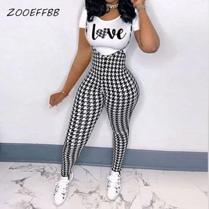 Women's Two Piece Pants ZOOEFFBB Aesthetic Set Plus Size Clothing Top And Plaid Overalls Outfits Trendy Lounge Wear Matching Sets For Women