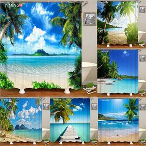 Variety of various sunny beach scenery seaside 3D printing shower curtain polyester waterproof home decoration curtain with hook 211115