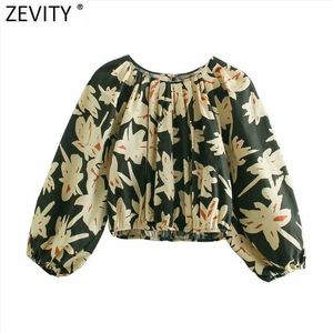 Zevity女性の熱帯の葉花柄のプリントショートブラウス女性シックなランタンスリーブカジュアルプリーツシャツ弾性Blusas Tops LS9017 210603