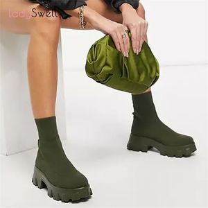 Ladyswell Red Chunky Sole Platform Sock Boots Stretch Fabric Shoe Mid-Calf Thick Heel Biker Booties 211105 Gai Gai Gai Gai