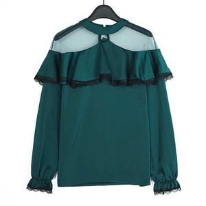 Kanske är du kvinnor vit grön ruffle chiffon full ärm långärmad skjorta blus B0144 210529