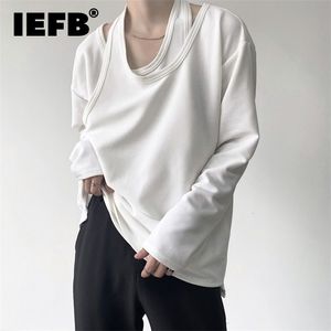 IEFB秋パーソナライズされた偽のツーピース二枚の二枚のニットニッチメンズ長袖Tシャツ韓国ルースプルオーバートップス9Y9194 220214