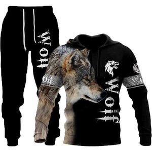 Cool 3D Wolf Printed Hoodies + Pants 2PC Set Fashion Herr Lion Tracksuit Casual Pullovers Herrkläder Streetwear Suit G1217