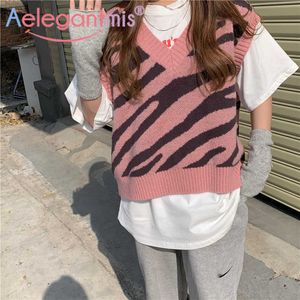 Aelegantmis vintage zebra rosa camisola colete mulheres coloridas de malha leopard casual xadrez sem mangas jumpers feminino kawaii 210607