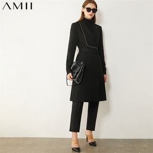 Minimalizm İlkbahar Sonbahar kadın Suit Ceket Moda Offical Bayan Yaka Kemer Diz Boyu Siyah Blazer Kadınlar 12070479 210527