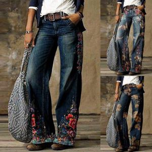 Floral Imprimir Largo Perna Calças De Jeans Mulher Retro Cintura Cintura Calças Calças Para As Mulheres Loose Largura Pant Calças Calças Mulheres Longas Calças de Jeans