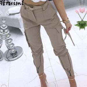 Kvinnor Byxor Slim Ficka Solid Färg Streetwear Kvinna Mode Casual Plus Storlek S-5XL Zipper Tie Feet Byxor 211115