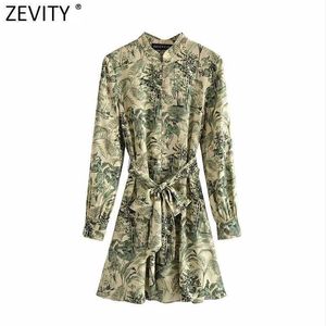 Zevity Frauen Vintage Grüne Blätter Drucken Einreiher Casual Hemd Kleid Büro Damen Chic Fliege Schärpen Vestidos DS8318 210603