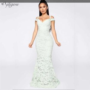 Summer Style Short-Sleeved Strapless Tight-Fitting White Lace Fishtail Long Ladies Strappy Sexy Party Dress Vestidos 210525