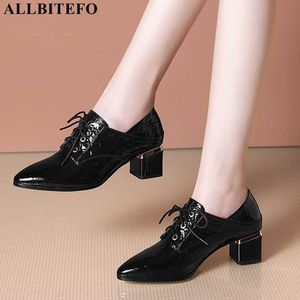 ALLBITEFO thick heel genuine leather brand high heels office ladies shoes Stone texture office ladies shoes autumn women heels 210611