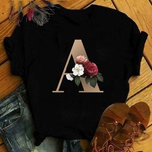 Mulheres Camisetas Tops Personalizado Nome Letra Combinação Feminina T-shirt Tshirt Tshirt Carta de Flor Font A B C D E F G T-shirt Preto T-shirt x0628