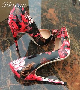 Tikicup Gothic Floral Print Women Patent Pointed Toe High Heel Shoes Sexy Lady Designer Stiletto Pumps Plus Size