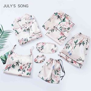 JULY'S SONG 7 Pieces Silk Pajamas For Woman Spring Autumn Printing Satin Set Women Girls Sleepwear Soft Sling Shorts 210831