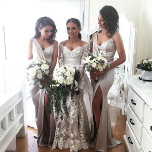 Zarif Gümüş Kat Uzunluk Nedime Elbise Spagetti Kayışı Saten İlkbahar Yaz Düğün Konuk Hizmet Hizmetçi Onur Elbise Özel Yapılan Artı Boyutu