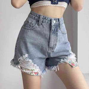 Denim Shorts Women's Summer Women's High Waisted Blue Floral Pocket Drawstring Lace Casual Byxor Jean Jeans 210602
