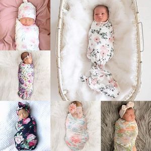 Cobertores Banhando 2 PCs Nascido Floral Swaddle Envoltório + Headband Set Bebê Algodão Recebendo Cobertor Saco de Dormir Band Band Band Boy Girls Girls