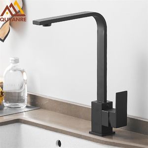 Quyanre Black Square Mosiądz Kromka Kuchnia Pojedyncza dźwignia H / C 360 Obrót Mikser Tap Basin Water Crane Tap Do Kuchnia Łazienka Dotknij 211108