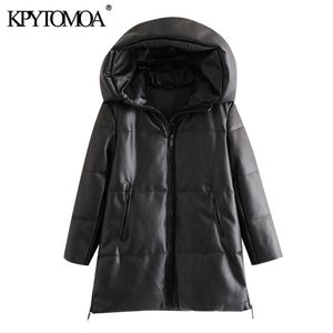 KPYTOMOA Women Fashion Thick Warm Winter Faux Leather Parkas Coat Vintage Hooded Long Sleeve Female Outerwear Chic Overcoat 210819