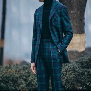 Mäns kostymer blazers kostym homme brittiska män bomull lapel brudgum plaid tuxedos skräddarsydda 2 stycken bröllop kostym