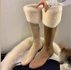 women Sexy winter snow boots Luxury High-end cool anti-ski Lamb wool Knight boot fashion Brand classic designer Cowhide girl Warm plush fur Long tube Matte suede