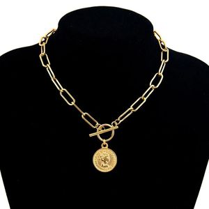 Colares pingentes vintage esculpida colar moeda para mulheres de aço inoxidável cor ouro medalhão longo gargantilha boho jóias collier