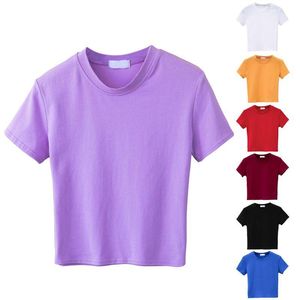 Women's T-Shirt Women Girls Summer Short Sleeve T-Shirts 2021 Solid Color Half High Neck Pullover Slim Crop Top Sport Basic Casual Streetwea