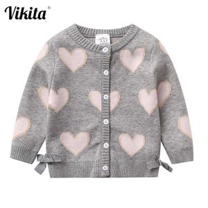 Vikita Kids Girls Höst Winter Cardigan Sweater Kids Heart Design Stickad Outwear Coat Toddler Barn Flickor Cardigan Sweaters 211106