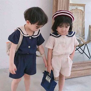 夏の韓国風キッズセーラーカラーコットンリネン服セット男の子女の子Tシャツ+ショートパンツ2ピース子供服女子男の子210528