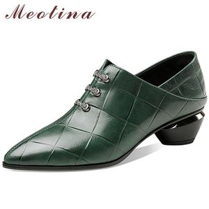 MEOTINA Naturalne Prawdziwej Skóry Pompy Kobiet Buty Szpiczaste Toe Med Obcasy Zip Gruba Obuwie Kobiet Obuwie Wiosna Czarny Duży Rozmiar 43 210608