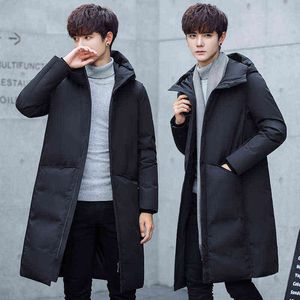 2021 Vinter Mäns Vit Duck Down Jacket Män Hooded Fashion High Quality Coat Män Långt tjockna Värmad Coat Black Parkas Y1103