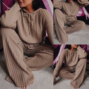 Frauen Gestrickte Pullover Anzüge Zwei Stücke Sets Herbst Krawatte Kragen Langarm Lose Stricken Tops Und Hohe Taille Breite Bein hose Anzüge Y0625