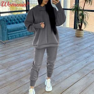 Fleece Druck Hoodies Hosen frauen Set Herbst Lose Lange Pullover Jogginghose Anzüge Weibliche Casual Straße Sport Sets 211116