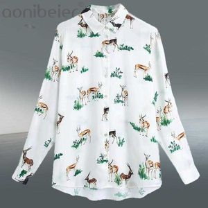 Sprint Herbst Frauen Elegante Wild Deer Weiß Shirts Weibliche Casual Animal Print Langarm Lose Bluse Chic 210604