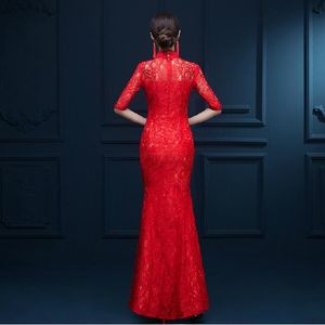 Wholesale traditional christmas dress for sale - Group buy Ethnic Clothing Middle Sleeve Red Long Cheongsam Lace Vintga Chinese Traditional Wedding Dress Christmas Party Dresses Fishtail Qiapo