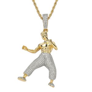 Hip Hop Iced Out Zircon Chinese Kung Fu Star Gold Silver Plated Necklace Pendant Bling Jewelry