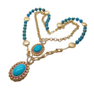 YYGEM CZ Pave Blue Sea Sesiment Jasper Turquoiseペンダントチェーンステートメントネックレスイヤリングセット18 