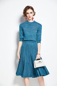 Halvhylsa Pullover + Hög midja A-Line Two-Piece Dress Long Midi kjol Tvådelar Set Female Autumn New Ankomst Lurex Knit tröja uppsättningar 2021