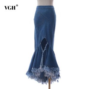 Vintage denim oregelbunden hemkjol för kvinnor hög midja lapptäcke Tassel Casual Blue Trumpet Female Spring Fashion Style 210531