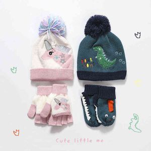 Winter Mädchen Junge Hut Dinosaurier Einhorn Cartoon Baby Gestrickte Hüte Warm Halten Cartoon Kinder Handschuhe Wolle Hut Sets 3 4 5 6 7 8 jahre Y21111