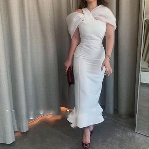 Elegant White Mermaid Evening Dresses Straps Sleeves Sheath Bodycon Lady Party Dress Ankle Length Formal Prom Gowns