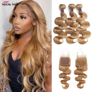 Ishow Ombre Color Hair Weaves Weft Extensions 3 пучка с кружевной застежкой T1B / 27 T1B / 99J Объемная волна Человеческие волосы Прямые коричневые имбирные