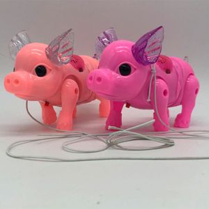 Electric piglet children light-emitting pig toys Electronic Pets walking fiber rope pig belt flashing music stall source wholesale