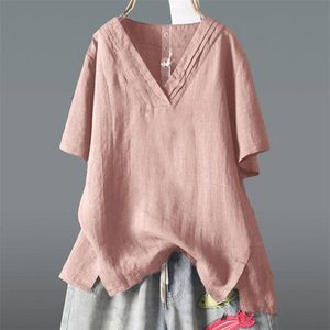 Fje Verão Mulheres Tshirt Plus Size Curto Manga Casual Loose V-Pescoço Tshirt Femme Irregularidade Vintage Algodão Linho Tops D9 210720