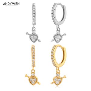 Andywen 925 Sterling Silver Gold Pierce Your Heart Pendant Drop Earring Kärlek Mode Fina Smycken Bröllop Valentiens 210608