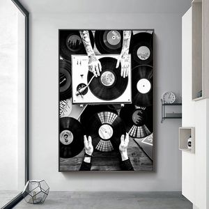 Vinyl Records Wall Art Canvas Pintura Música Vintage Preto e Branco Pôsteres e Impressões de Parede para Sala de estar Decoração de Casa